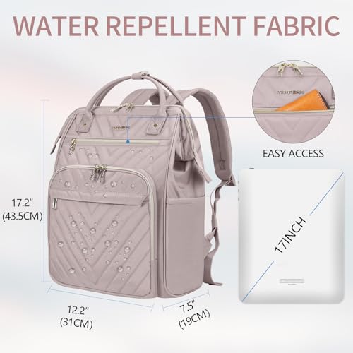 VANKEAN 17 Inch Laptop Backpack for Women Fashion Computer Work Bag Large Capacity Waterproof Backpack College Daypack Business Travel Backpack Light Dusty Pink - Image 3