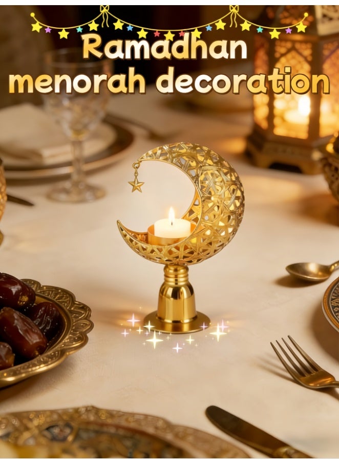 Tea Light Holder, Moon Ramadan Decorative Candle Holder, Moon Shape Gold Lantern Table Decoration Tea Light Holder, Metal for Ramadan, Wedding, Living Room, Modern Golden Decoration (ZYZT-07A) - Image 1