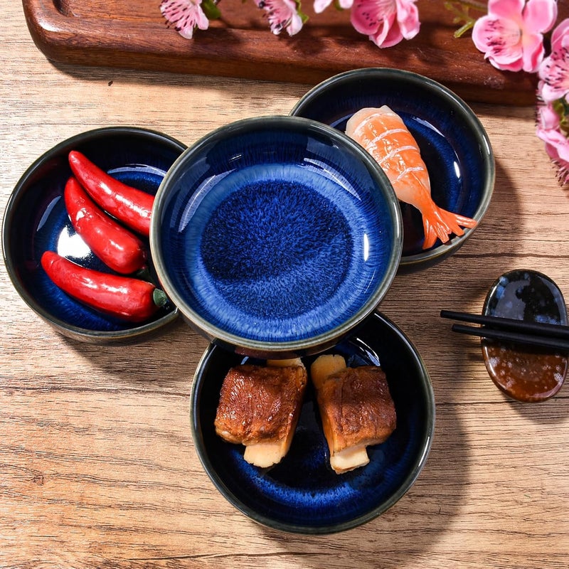 Cerficer Blue Porcelain Sauce Bowls Sushi Dishes Sauce Cups Set of 4 for Soy Seasoning Spice 35 Inches Small Asian Snack Dish - Image 2