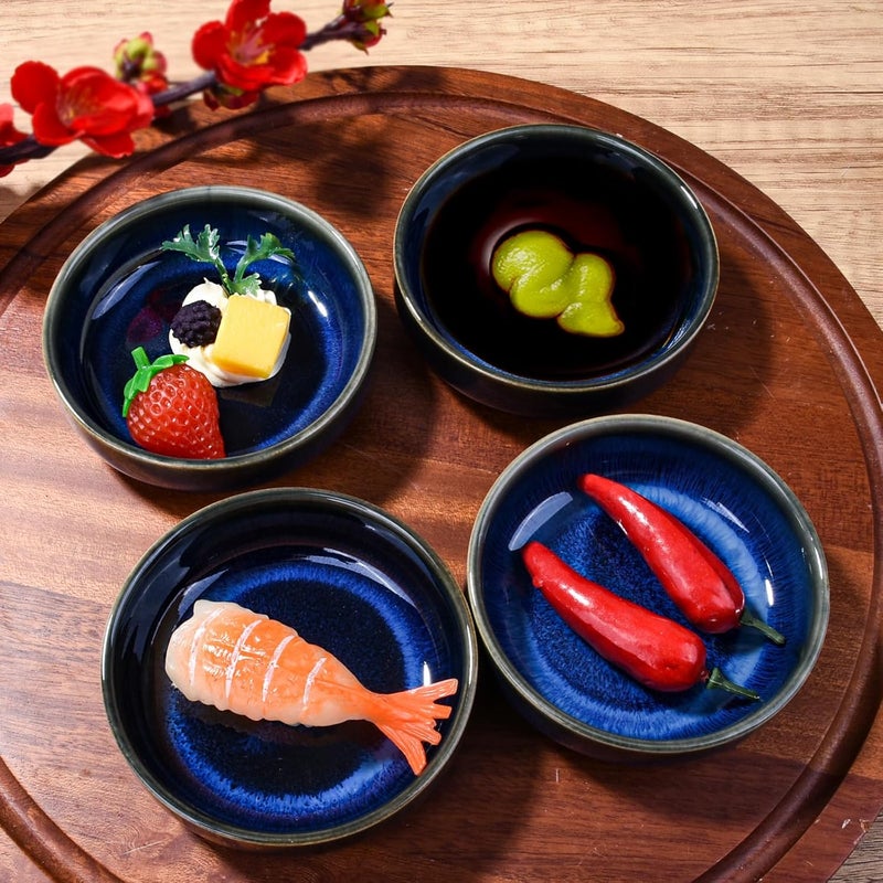 Cerficer Blue Porcelain Sauce Bowls Sushi Dishes Sauce Cups Set of 4 for Soy Seasoning Spice 35 Inches Small Asian Snack Dish - Image 5