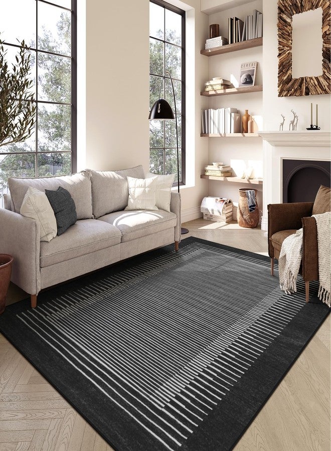 Wonnitar Washable Striped 5x7 Washable Area Rug, Non-Slip Black Berber Stripe Rugs for Living Room, Low Pile Minimalist Floor Carpet Rugs for Bedroom Dining Room Home Office (Black,5' x 7') - Image 2
