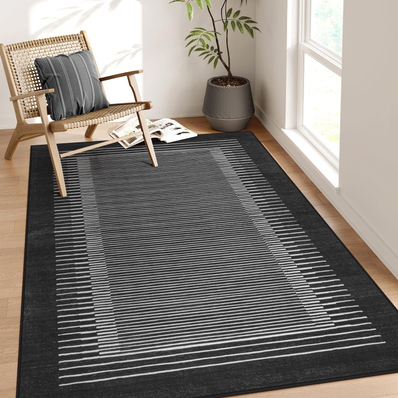 Wonnitar Washable Striped 5x7 Washable Area Rug, Non-Slip Black Berber Stripe Rugs for Living Room, Low Pile Minimalist Floor Carpet Rugs for Bedroom Dining Room Home Office (Black,5' x 7') - Image 1