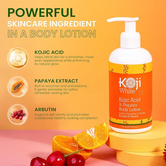 koji white Kojic Acid & Papaya Body Lotion - Exfoliating, Hydrating, Moisturizing, Skin Care for Sun-Damaged Skin, Vegan, Paraben-Free, 8.45 Fl Oz (1 Bottle) - Image 3