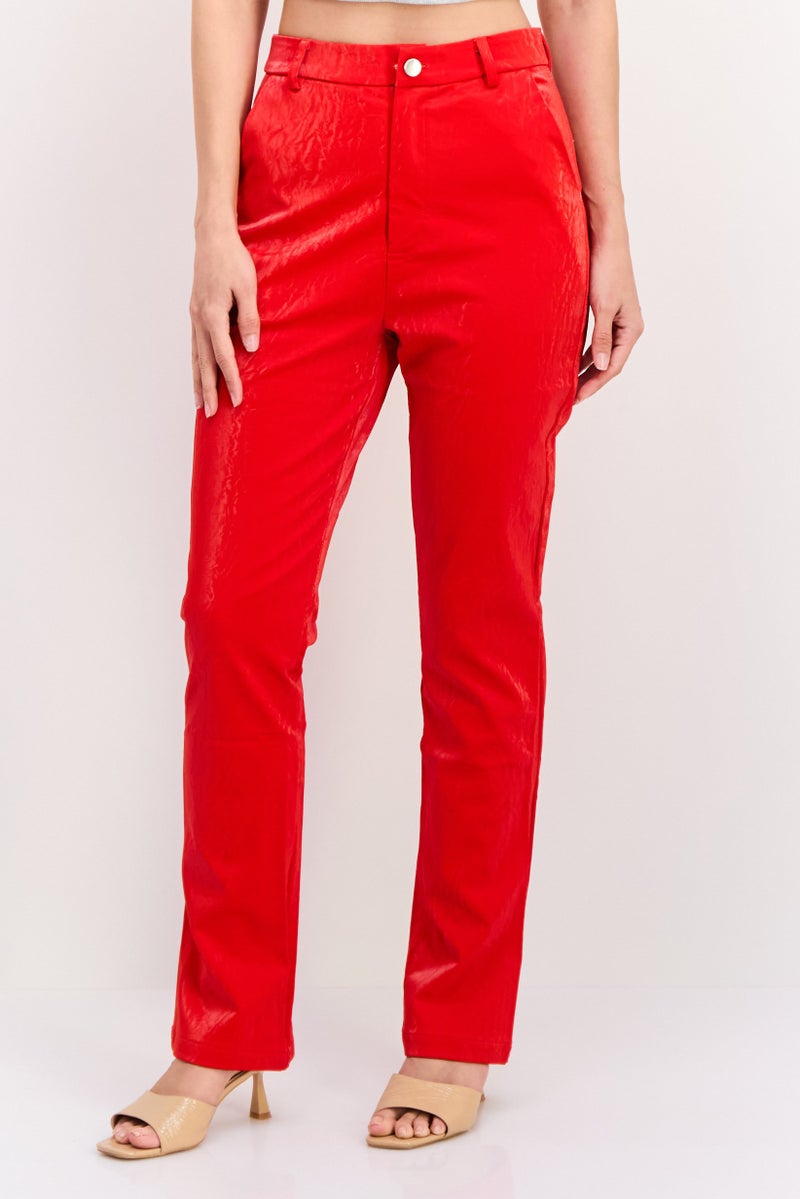 Labelrail x Eva Apio Women Regular Fit Leather Slim Leg Pants, Red - Image 1