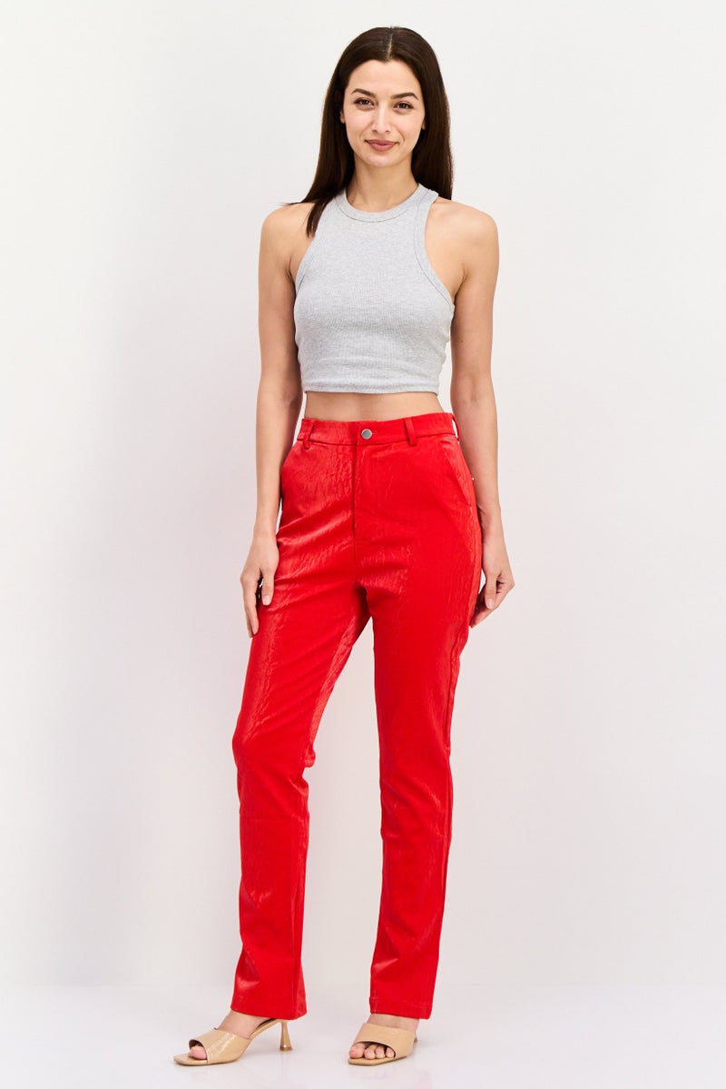 Labelrail x Eva Apio Women Regular Fit Leather Slim Leg Pants, Red - Image 4
