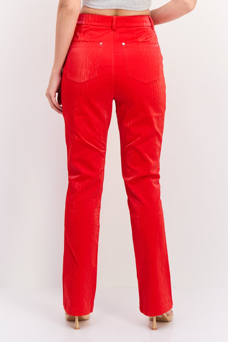 Labelrail x Eva Apio Women Regular Fit Leather Slim Leg Pants, Red - Image 3
