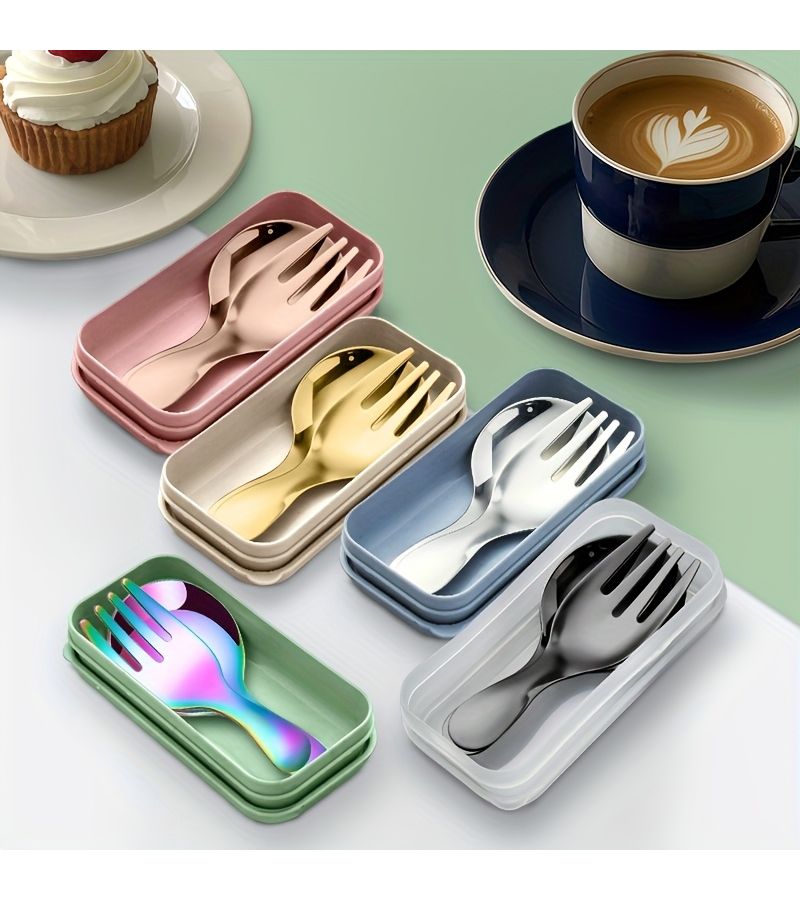 3pc Portable Stainless Steel Mini Fork Spoon Set with Blue Box - Image 4