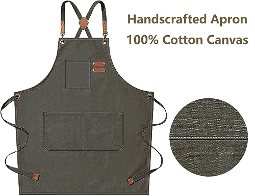 AFUN Chef Aprons for Men Women with Large Pockets, Cotton Canvas Cross Back Heavy Duty Adjustable Work Apron, Size M to XXL (Greygreen) - Image 5