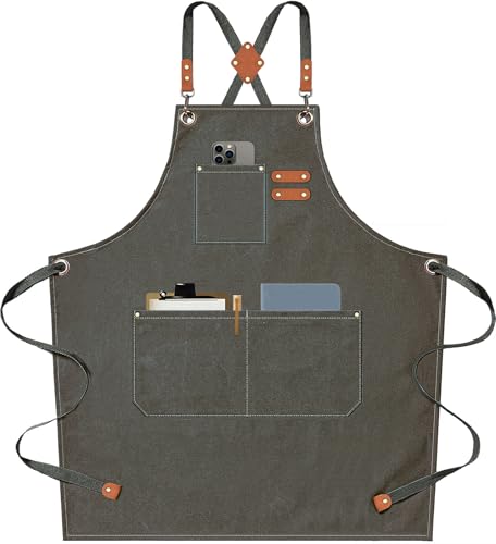 AFUN Chef Aprons for Men Women with Large Pockets, Cotton Canvas Cross Back Heavy Duty Adjustable Work Apron, Size M to XXL (Greygreen) - Image 1