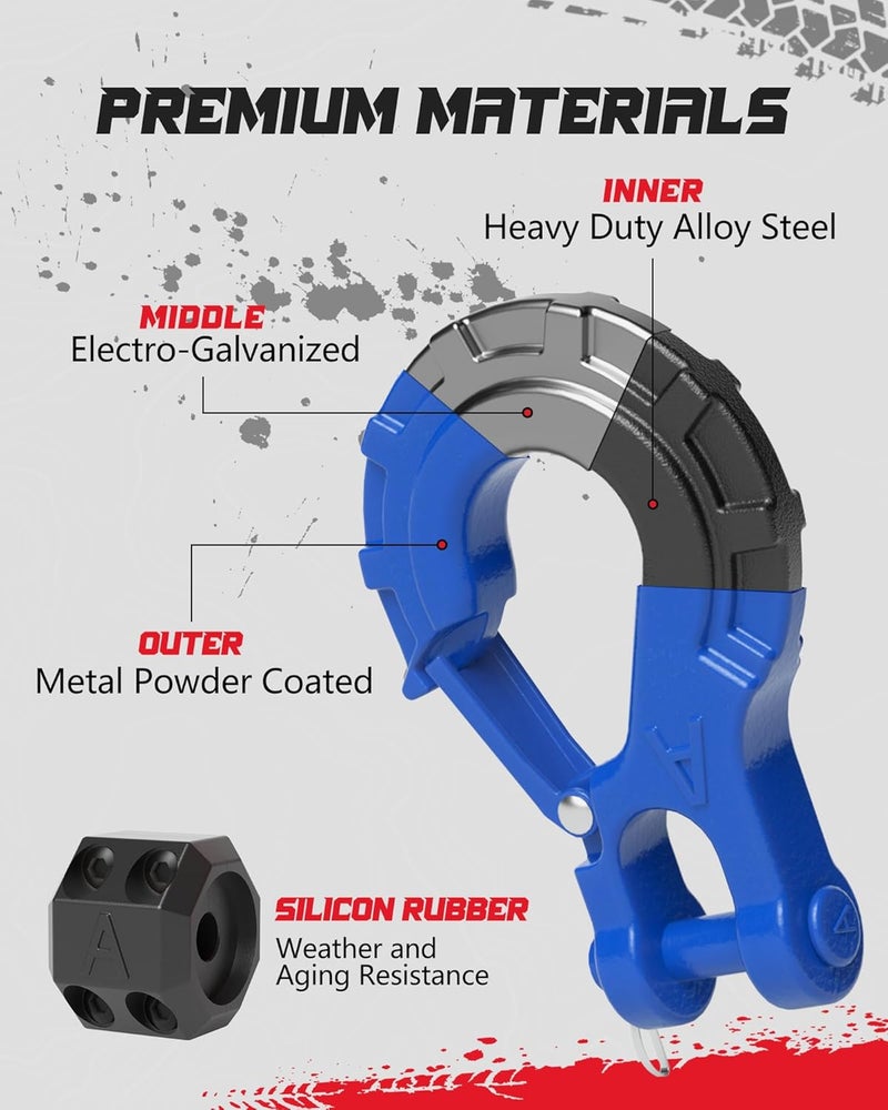 AMBULL 3/8" Winch Hook & Winch Cable Hook Stopper Set - Heavy Duty Forged Steel Recovery Hook with Safety Latch, Max 37,478 Lbs, Blue - Image 2