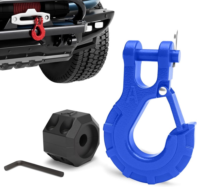AMBULL 3/8" Winch Hook & Winch Cable Hook Stopper Set - Heavy Duty Forged Steel Recovery Hook with Safety Latch, Max 37,478 Lbs, Blue - Image 1