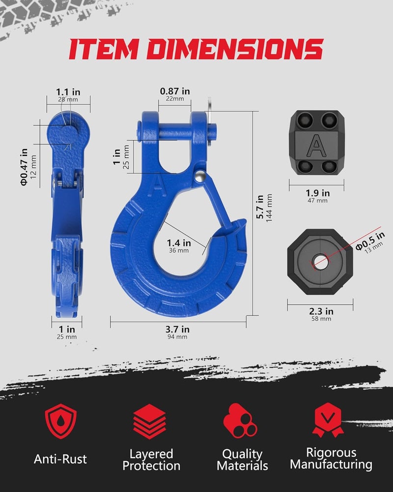 AMBULL 3/8" Winch Hook & Winch Cable Hook Stopper Set - Heavy Duty Forged Steel Recovery Hook with Safety Latch, Max 37,478 Lbs, Blue - Image 4