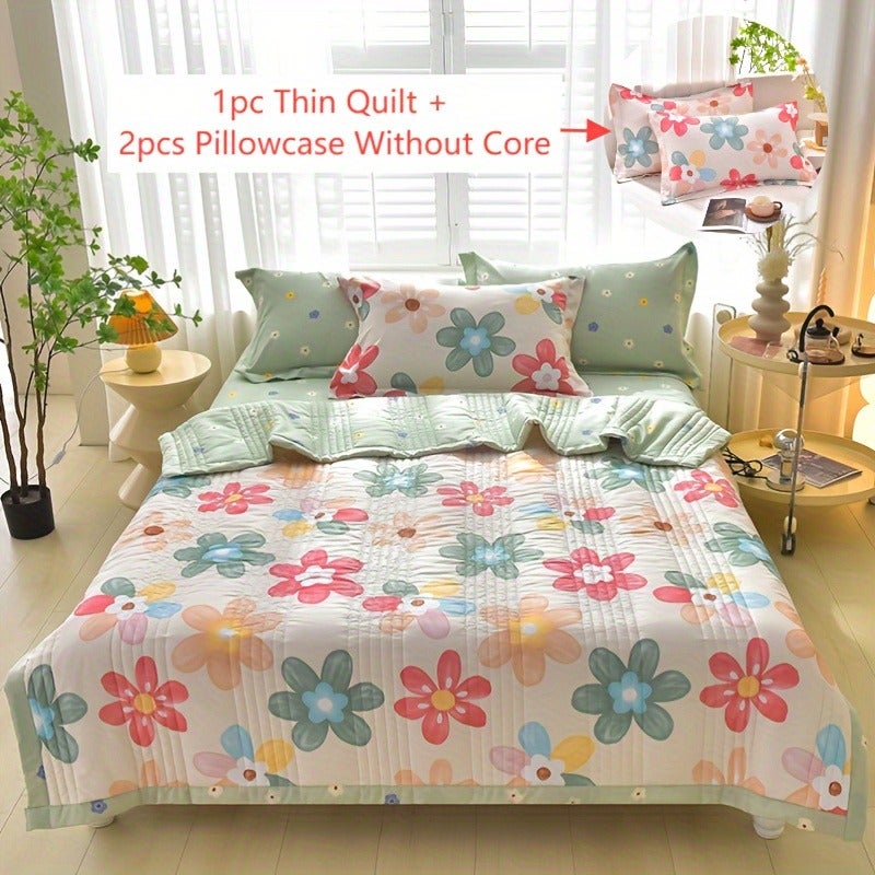 3pcs Skin-Friendly Summer Quilt Thin Quilt Set, Printed Embossed Craft, Soft And Comfortable All-Season Blanket, Single Double Hotel Home Bedroom Guest Room Sofa Special (1pc Thin Quilt And 2pcs Pillowcases Without Core) - Image 1