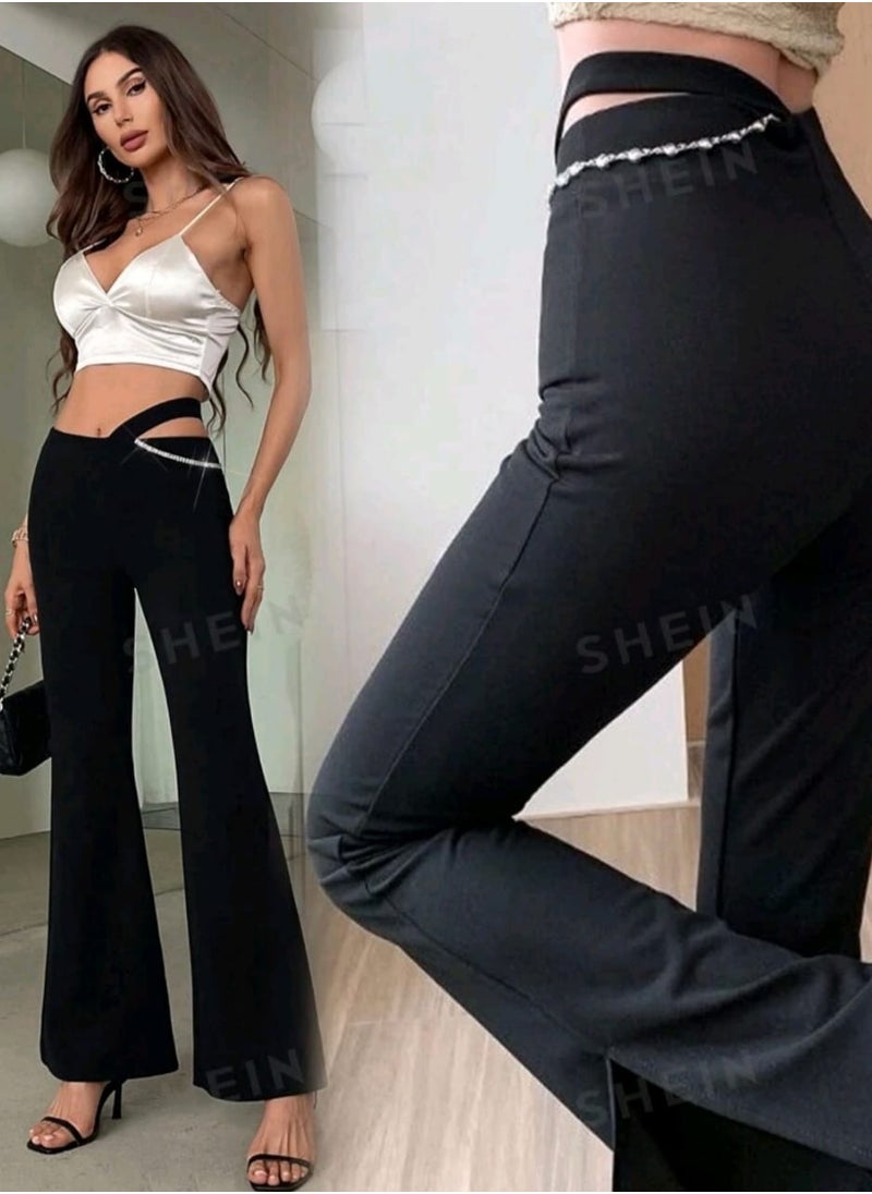 Shein - SHEIN Cutout Bell-Bottom Pants With Rhinestone Decoration - Image 1