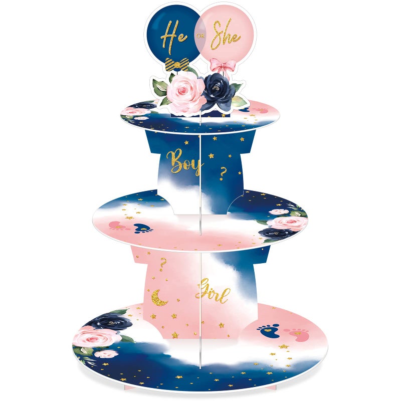 Faccito Gender Reveal Party Cupcake Stand Decorations, Blue and Pink 3 Tier Baby Shower Cupcake Toppers Tower Cardboard Supplies for Boy Girl Baby Gender Reveal Birthday Party Favors (Flower) - Image 1