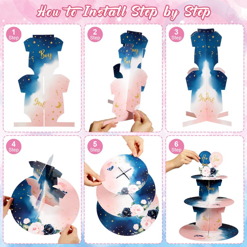 Faccito Gender Reveal Party Cupcake Stand Decorations, Blue and Pink 3 Tier Baby Shower Cupcake Toppers Tower Cardboard Supplies for Boy Girl Baby Gender Reveal Birthday Party Favors (Flower) - Image 4
