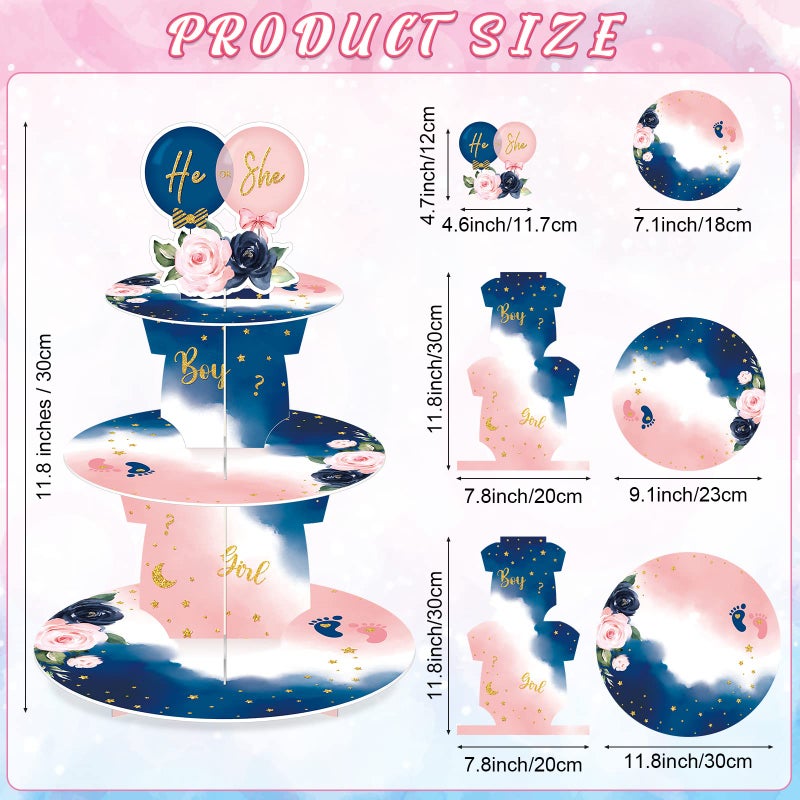 Faccito Gender Reveal Party Cupcake Stand Decorations, Blue and Pink 3 Tier Baby Shower Cupcake Toppers Tower Cardboard Supplies for Boy Girl Baby Gender Reveal Birthday Party Favors (Flower) - Image 2