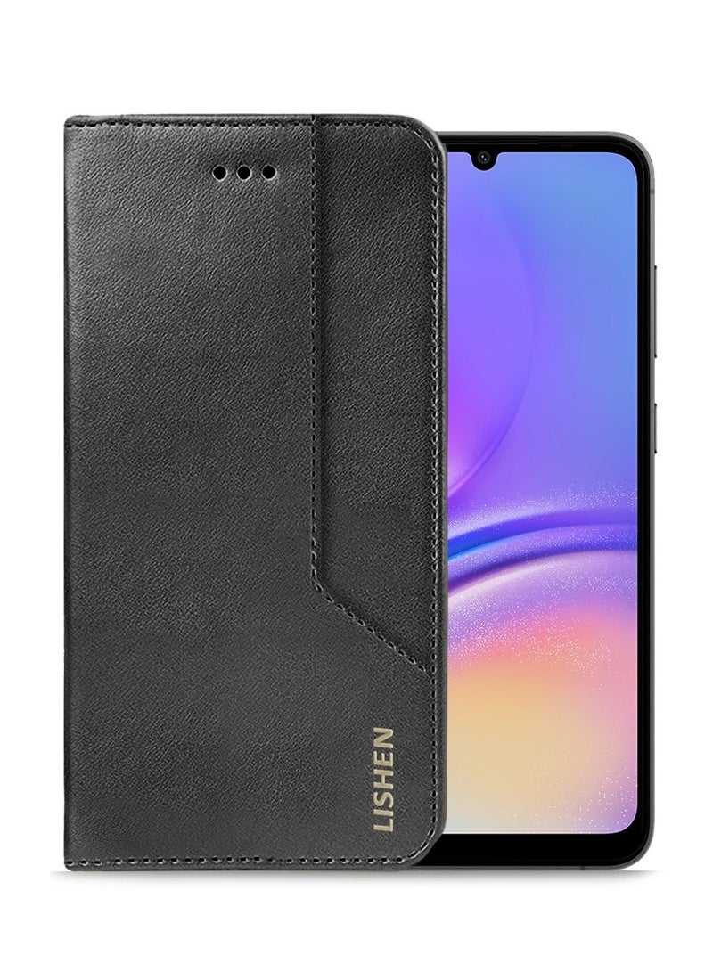 Lishen Stylish Premium Leather Magnetic Closure Flip Stand Case Cover for Samsung Galaxy A05  – Black  - Image 1