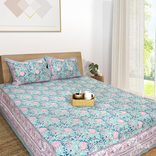 TOAI Hand Block Printed Bedsheet | Bed Spread Flatsheet Bed Sheet | Pure Cotton | Queen Size 90"x108" | 210 TC Long Staple Cotton | 2 Reversible Pillow Covers |Rose On Pastel Green - Image 1
