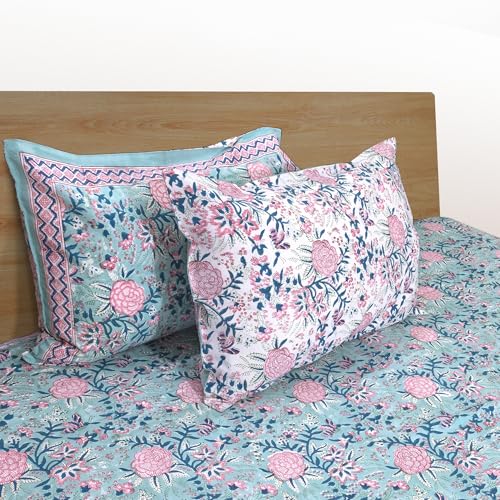 TOAI Hand Block Printed Bedsheet | Bed Spread Flatsheet Bed Sheet | Pure Cotton | Queen Size 90"x108" | 210 TC Long Staple Cotton | 2 Reversible Pillow Covers |Rose On Pastel Green - Image 3