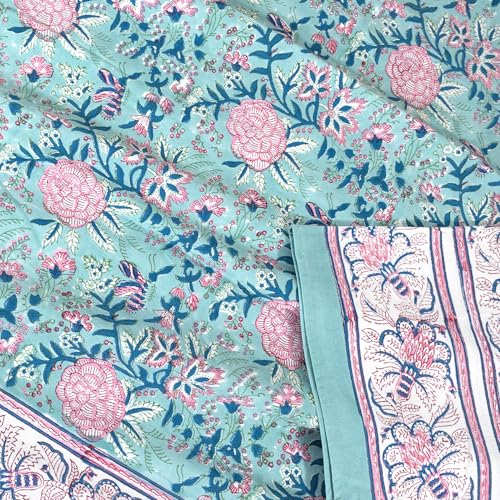 TOAI Hand Block Printed Bedsheet | Bed Spread Flatsheet Bed Sheet | Pure Cotton | Queen Size 90"x108" | 210 TC Long Staple Cotton | 2 Reversible Pillow Covers |Rose On Pastel Green - Image 2