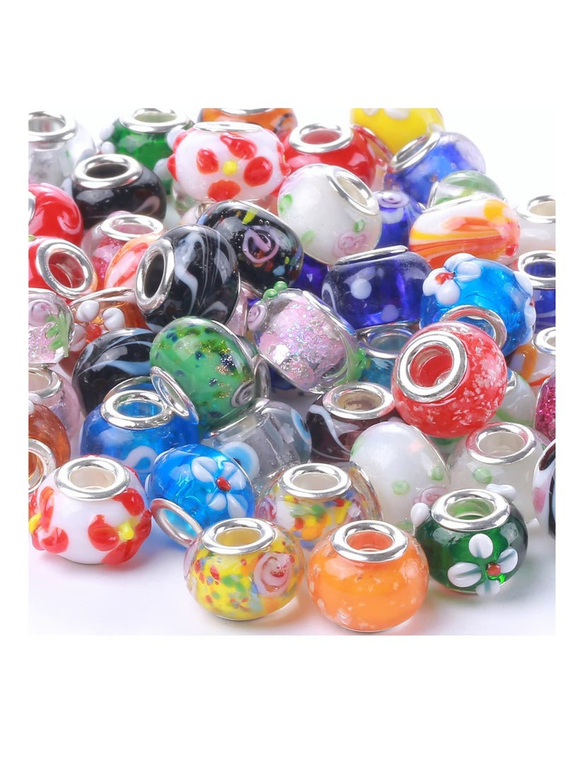 Murano Glass Beads Large Hole Beads European Lampwork Spacer Beads Silver Plated Cores Bracelet Charms for Jewelry Making 50 Pcs Mix - Image 1