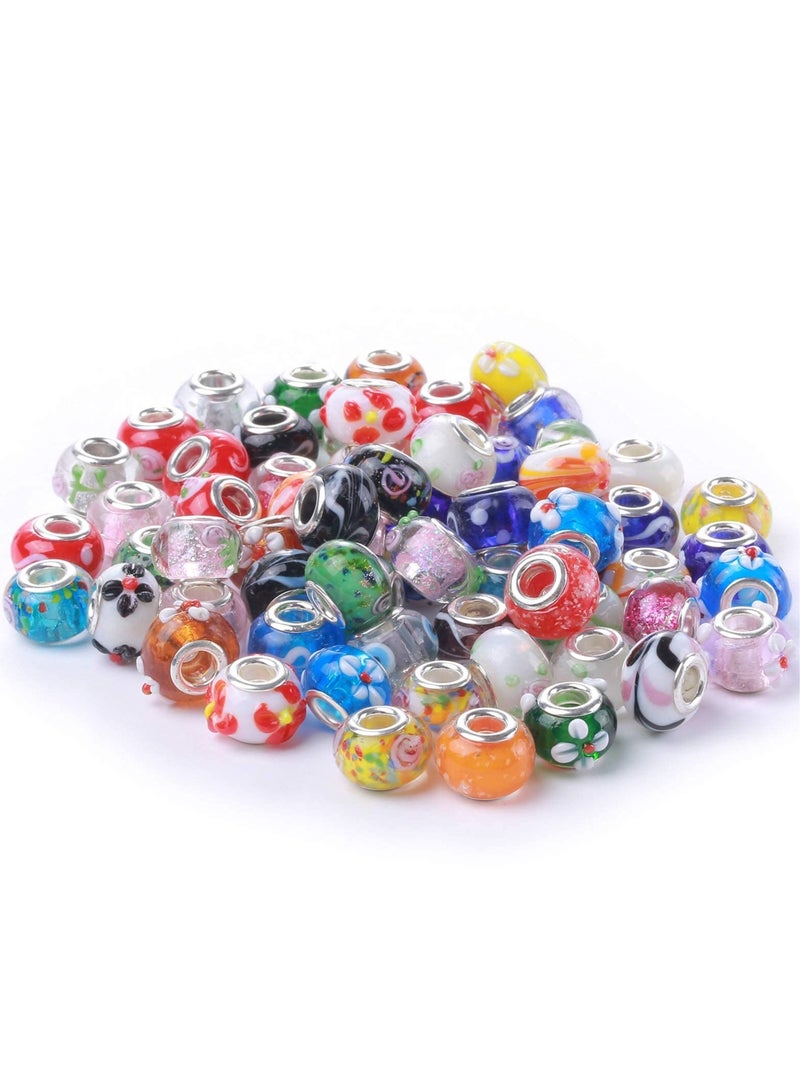 Murano Glass Beads Large Hole Beads European Lampwork Spacer Beads Silver Plated Cores Bracelet Charms for Jewelry Making 50 Pcs Mix - Image 2