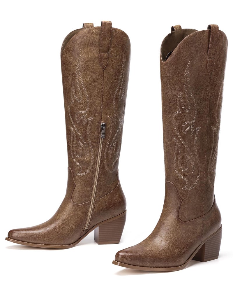 Pasuot Western Cowboy Boots for Women - Knee High Wide Calf Cowgirl Boots, Slip On Pointed Toe Chunky Heel Fashion Retro Classic Pull On Tall Boot for ladies Party concert Brown US 8 - Image 5