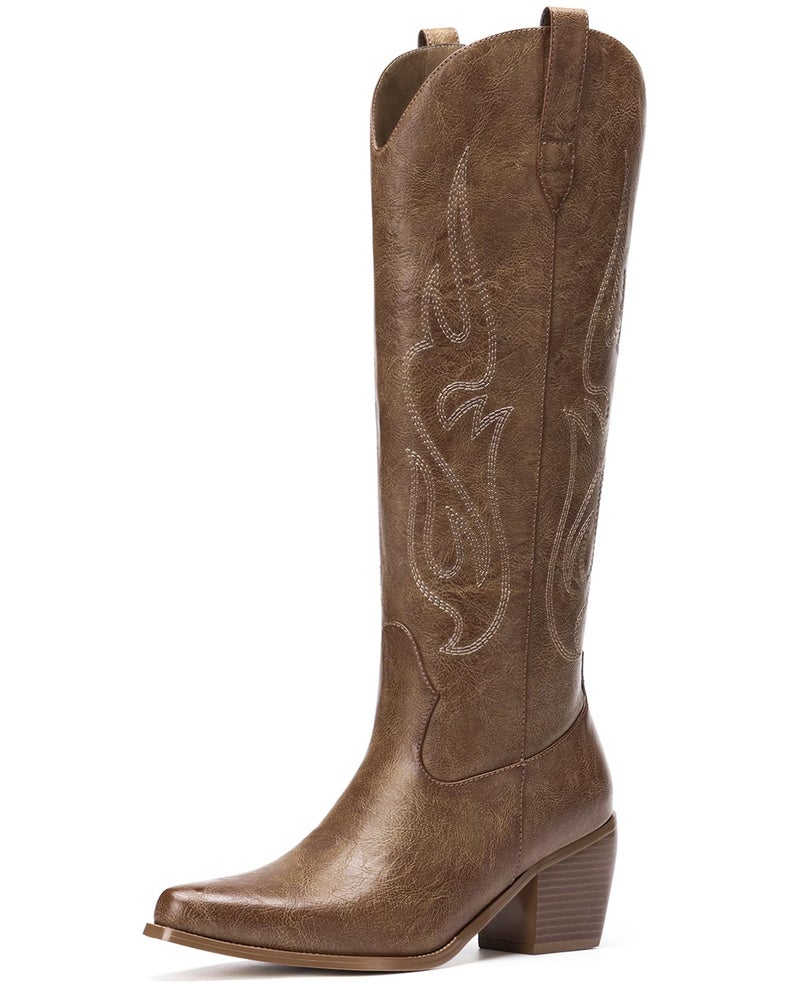 Pasuot Western Cowboy Boots for Women - Knee High Wide Calf Cowgirl Boots, Slip On Pointed Toe Chunky Heel Fashion Retro Classic Pull On Tall Boot for ladies Party concert Brown US 8 - Image 1