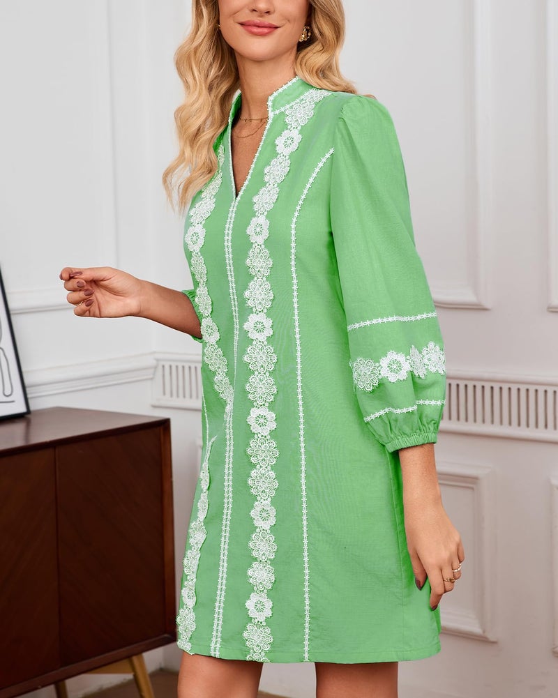 YEXPINE Women's Embroidered Lace Floral Tunic Dress 3/4 Puff Sleeve V Neck Mini Dress with Pockets Green - Image 3