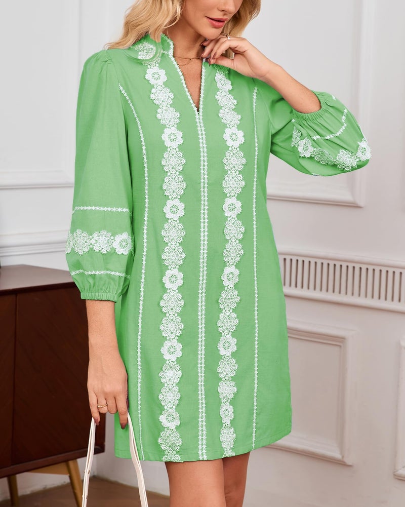 YEXPINE Women's Embroidered Lace Floral Tunic Dress 3/4 Puff Sleeve V Neck Mini Dress with Pockets Green - Image 2