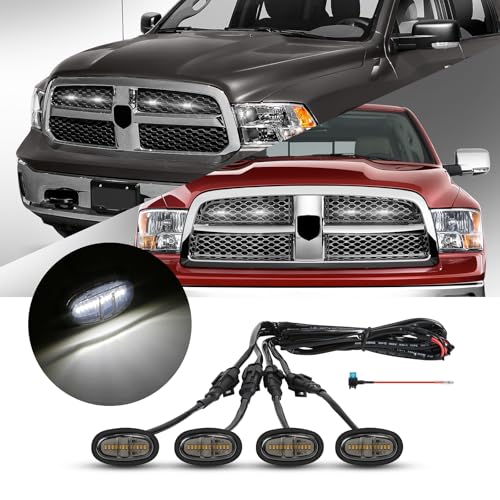 FICOLPO 4 Pcs Led Grill Lights Compatible with 20132018 RAM 1500 20192024 RAM 1500 Classic LED Front Grille Lights Accessories with Fuse Harness White Light Black Shell - Image 1