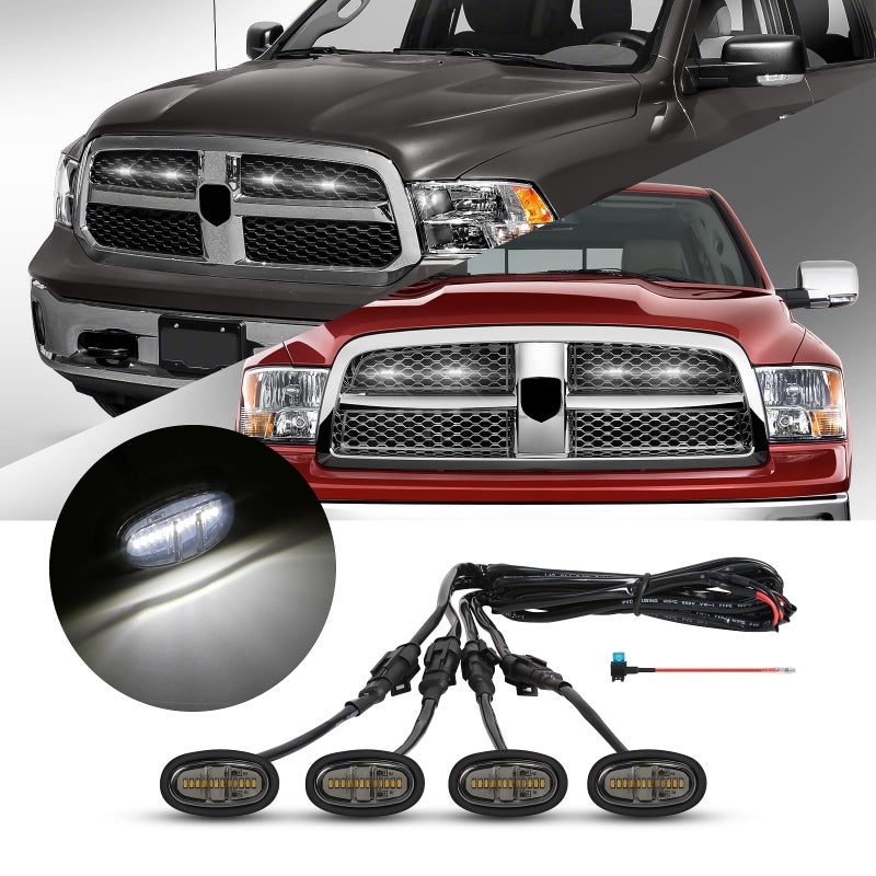 FICOLPO 4 Pcs Led Grill Lights Compatible with 20132018 RAM 1500 20192024 RAM 1500 Classic LED Front Grille Lights Accessories with Fuse Harness White Light Black Shell - Image 3