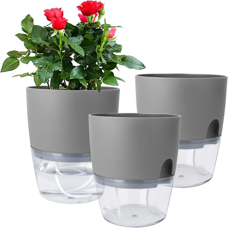 Vanavazon 6 Inch Self Watering Planter Pots for Indoor Plants, 3 Pack African Violet Pots with Wick Rope-Grey - Image 1