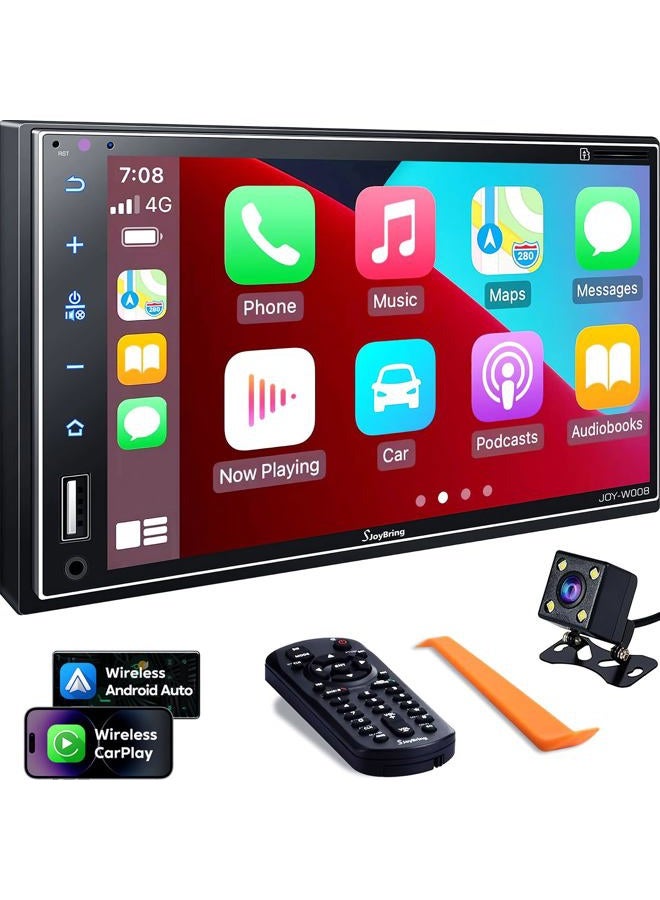 SJOYBRING Double Din Car Stereo with Wireless Apple Carplay, Android Auto, 7 Inch Full HD Capacitive Touchscreen - Bluetooth, 4-Channel RCA, High Power, Subwoofer, Backup Camera, Steering Wheel, FM/AM Car Radio - Image 1