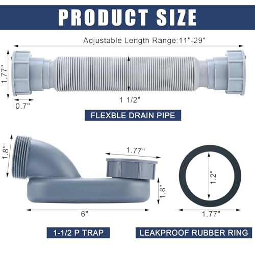 Nuanchu 2 Pcs Low Profile 1 12 P Trap with Sealing Tape Low Profile Shower Drain Flat 1 12 P Trap Freestanding Tub Drain for Bath RV BathtubGrey - Image 3