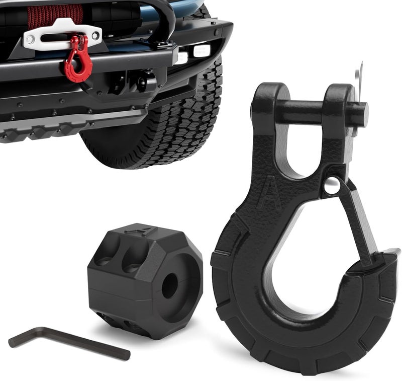 AMBULL 3/8" Winch Hook & Winch Cable Hook Stopper Sets, Heavy Duty Grade 70 Forged Steel Recovery Hook with Safety Latch, Included Allen Wrench,Max 37,478 Lbs, Black - Image 1