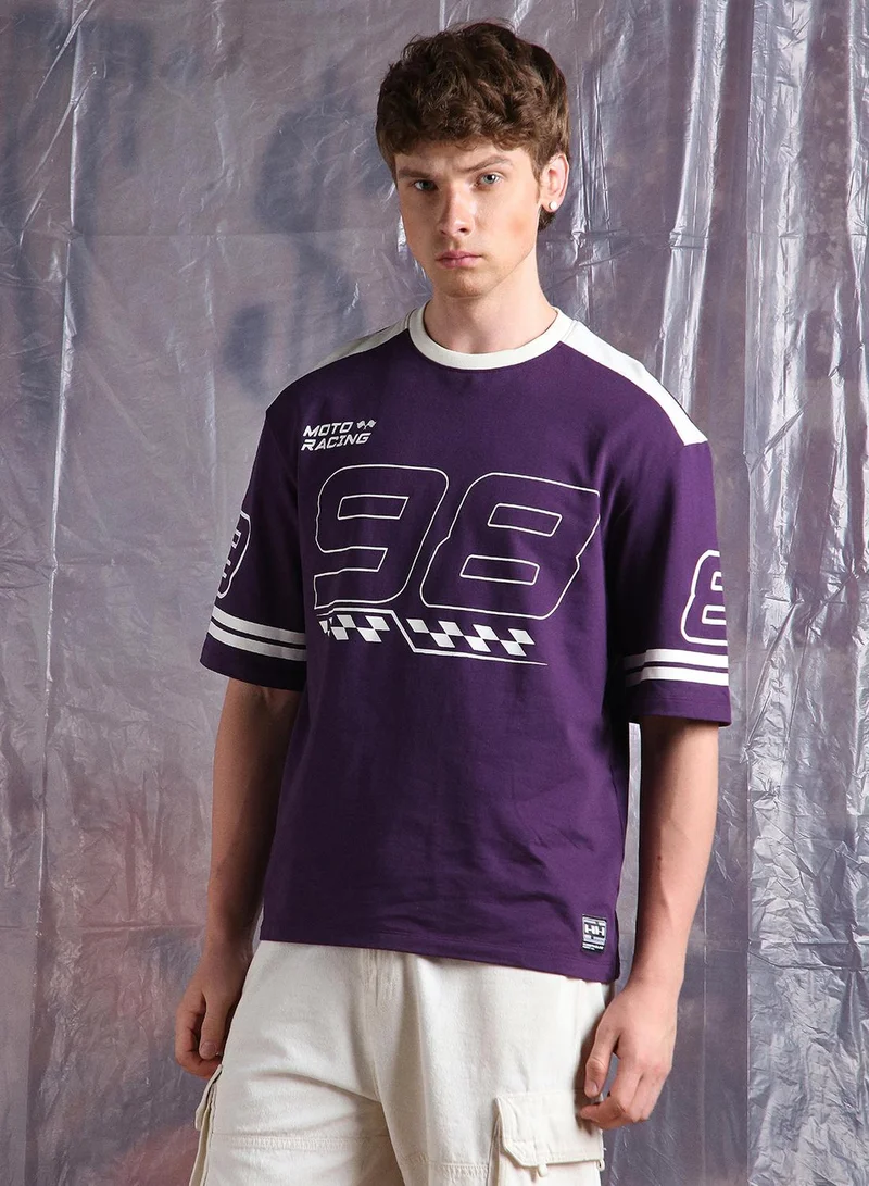 Hubberholme Men Moto Varsity Graphic Printed Oversized Fit T-shirt