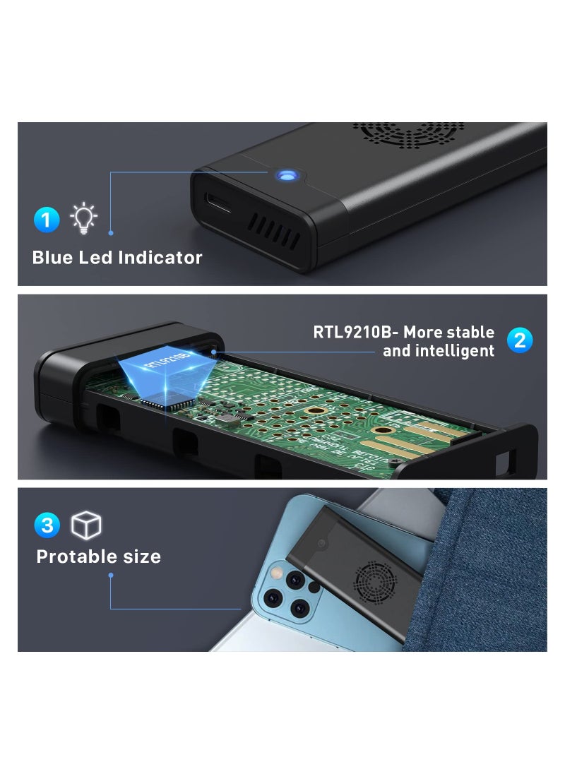 KASTWAVE - محول قارئ حاوية SSD M.2 NVME SATA من KASTWAVE، مع مروحة تبريد، USB C 3.1 Gen 2 بدون أدوات، 10 جيجابت في الثانية NVME، 6 جيجابت في الثانية SATA، محرك أقراص الحالة الصلبة الخارجي RTL9210B لـ PCIe 2280 و2260 و2242 M Key - Image 1