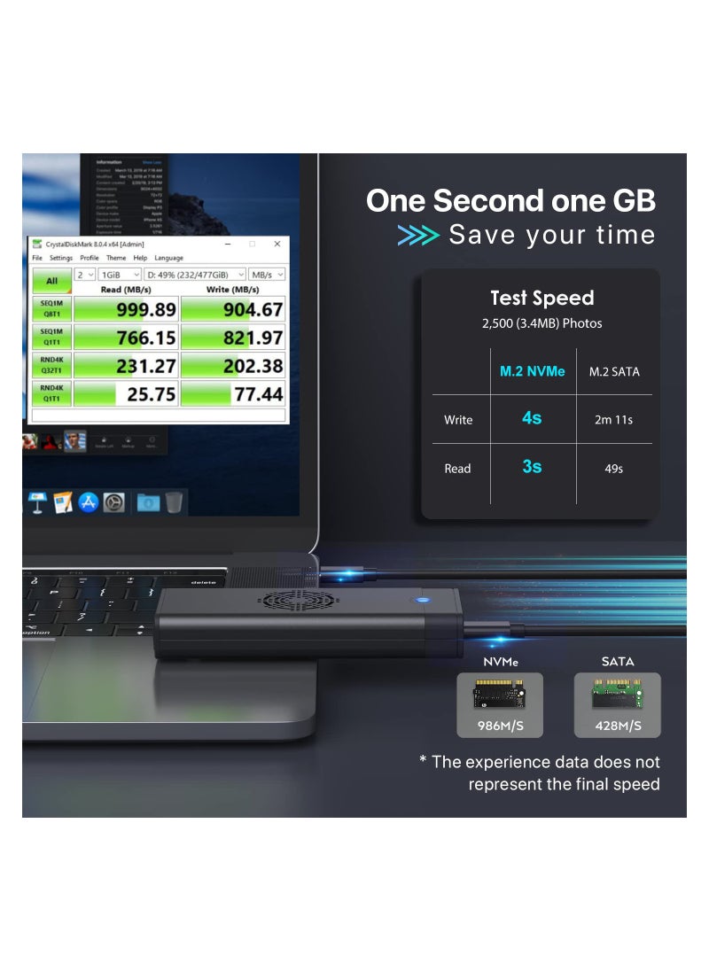 KASTWAVE محول قارئ حاوية SSD M.2 NVME SATA من KASTWAVE، مع مروحة تبريد، USB C 3.1 Gen 2 بدون أدوات، 10 جيجابت في الثانية NVME، 6 جيجابت في الثانية SATA، محرك أقراص الحالة الصلبة الخارجي RTL9210B لـ PCIe 2280 و2260 و2242 M Key  - Image 4