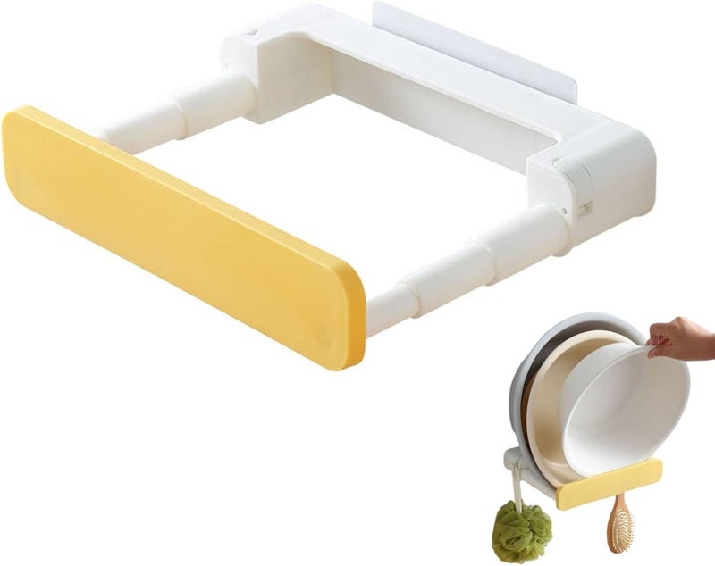 Agatige Wall Mounted Basin Rack, Retractable ABS Pan Lid Organizer Holder Adhesive Wall Bathroom Storage Rack for Kitchen Bathroom Balcony (Yellow) - Image 1