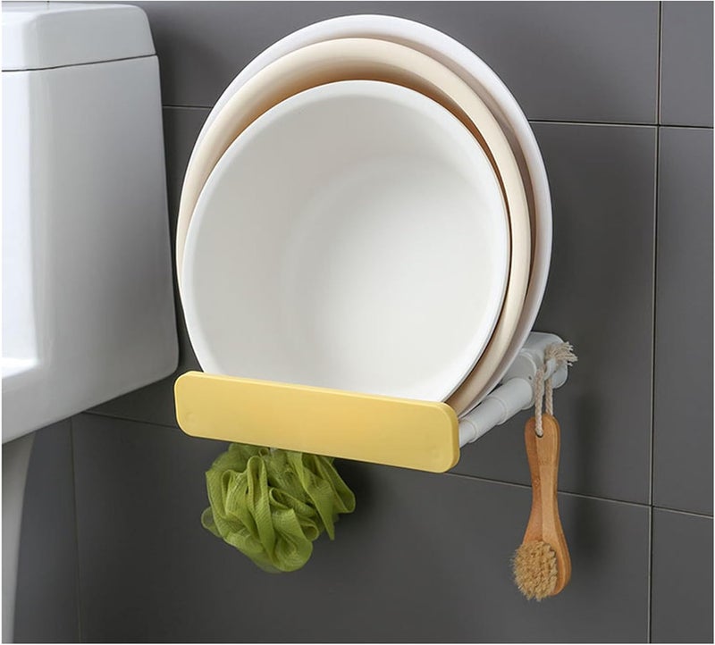 Agatige Wall Mounted Basin Rack, Retractable ABS Pan Lid Organizer Holder Adhesive Wall Bathroom Storage Rack for Kitchen Bathroom Balcony (Yellow) - Image 2
