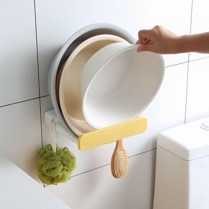 Agatige Wall Mounted Basin Rack, Retractable ABS Pan Lid Organizer Holder Adhesive Wall Bathroom Storage Rack for Kitchen Bathroom Balcony (Yellow) - Image 4