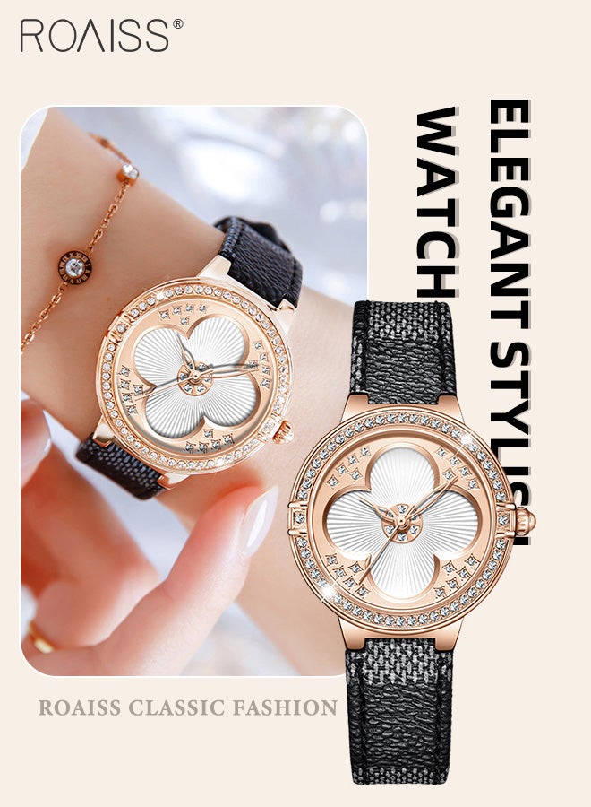 roaiss Women's Leather Strap Quartz Watch, Analog Display Round Dial with Rhinestones Decorated Bezel, Waterproof Luxurious Wristwatch as Gift for Ladies - Image 1