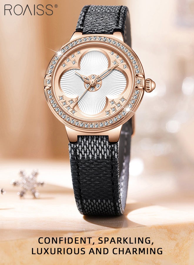 roaiss Women's Leather Strap Quartz Watch, Analog Display Round Dial with Rhinestones Decorated Bezel, Waterproof Luxurious Wristwatch as Gift for Ladies - Image 3