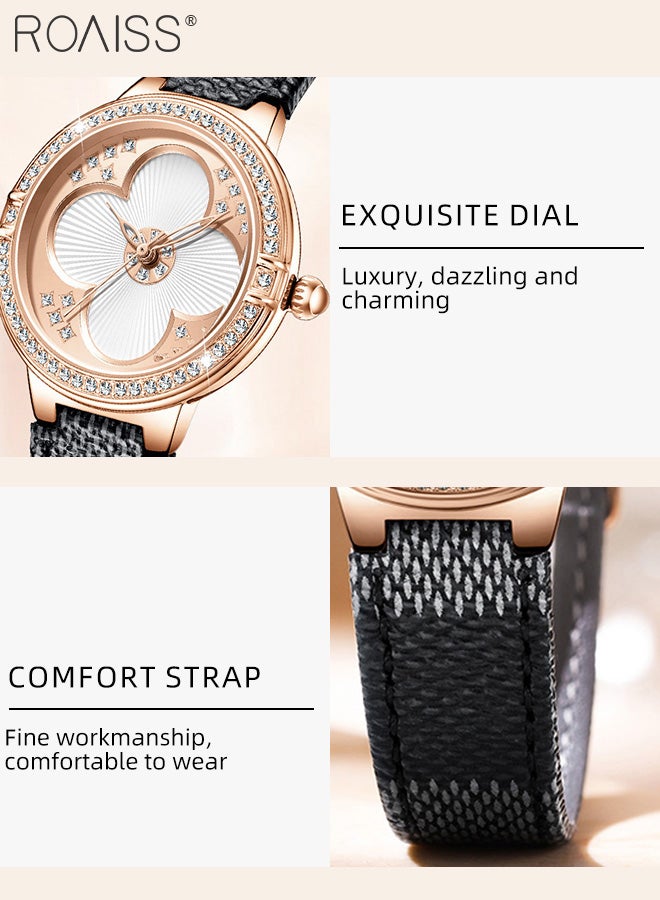 roaiss Women's Leather Strap Quartz Watch, Analog Display Round Dial with Rhinestones Decorated Bezel, Waterproof Luxurious Wristwatch as Gift for Ladies - Image 5