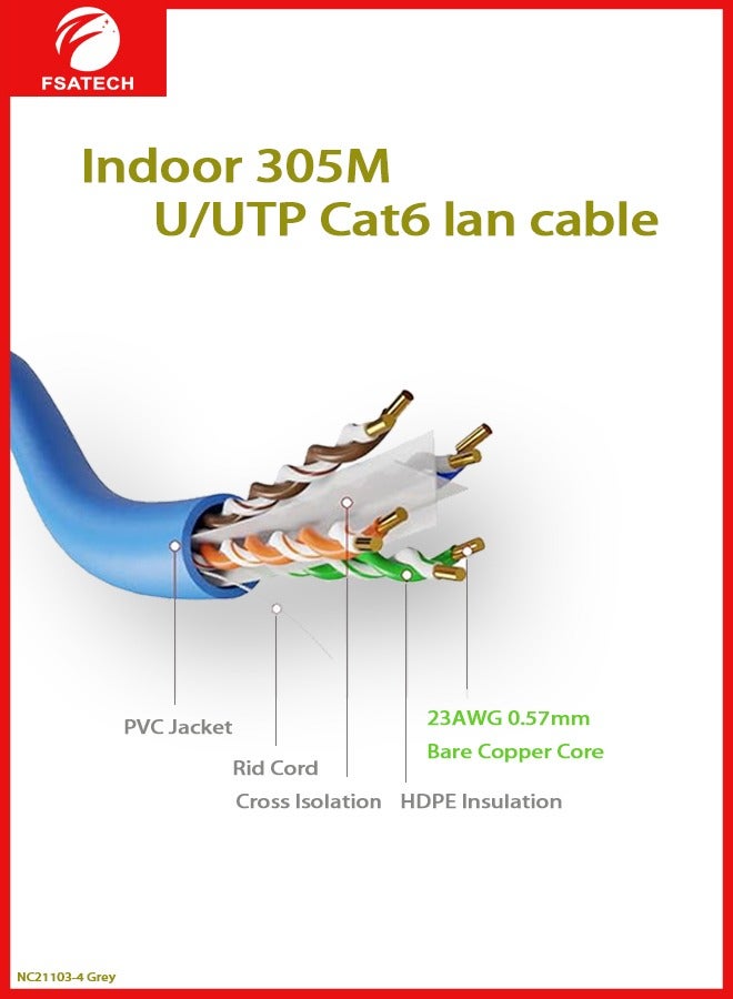 FSATECH كابل شبكة CAT6 UTP بطول 305 متر (نحاس صلب، 0.54 مم، رمادي) - Image 2