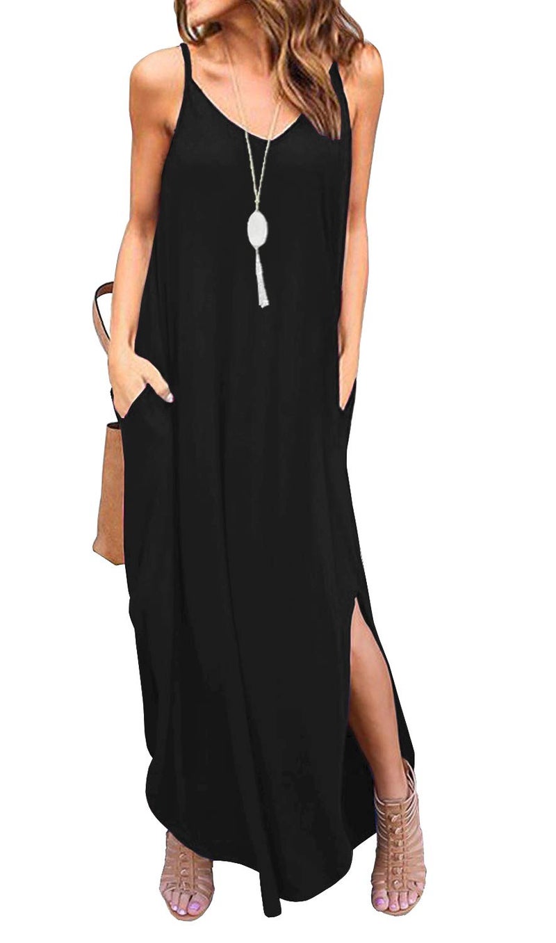 GRECERELLE Womens Summer Casual Loose Dress Beach Cover Up Long Cami Maxi Dress with Pocket BlackMedium