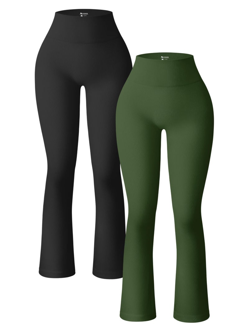 OQQ Women's 2 Piece Yoga Pants Ribbed Seamless Workout High Waist Bell Bottoms Flare Leggings Black ArmyGreen - Image 1