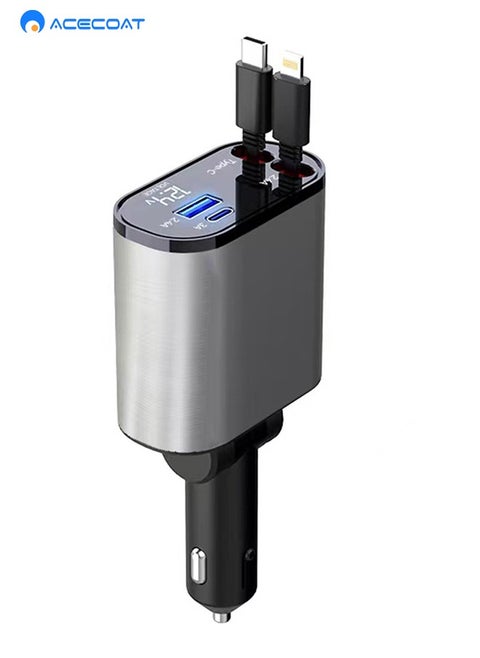 4-in-1 Retractable Car Charger with USB&Type-C&Lightning-Digital Display Cigarette Lighter Car Charger Adapter Supports PD Fast Charging/QC3.0/FCP-Compatible with iPhone,Huawei,Honor,Galaxy,Pixel